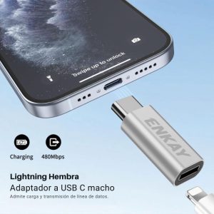 Conversor Enkay AT120 para carga y sincronización de datos en dispositivos USB-C.