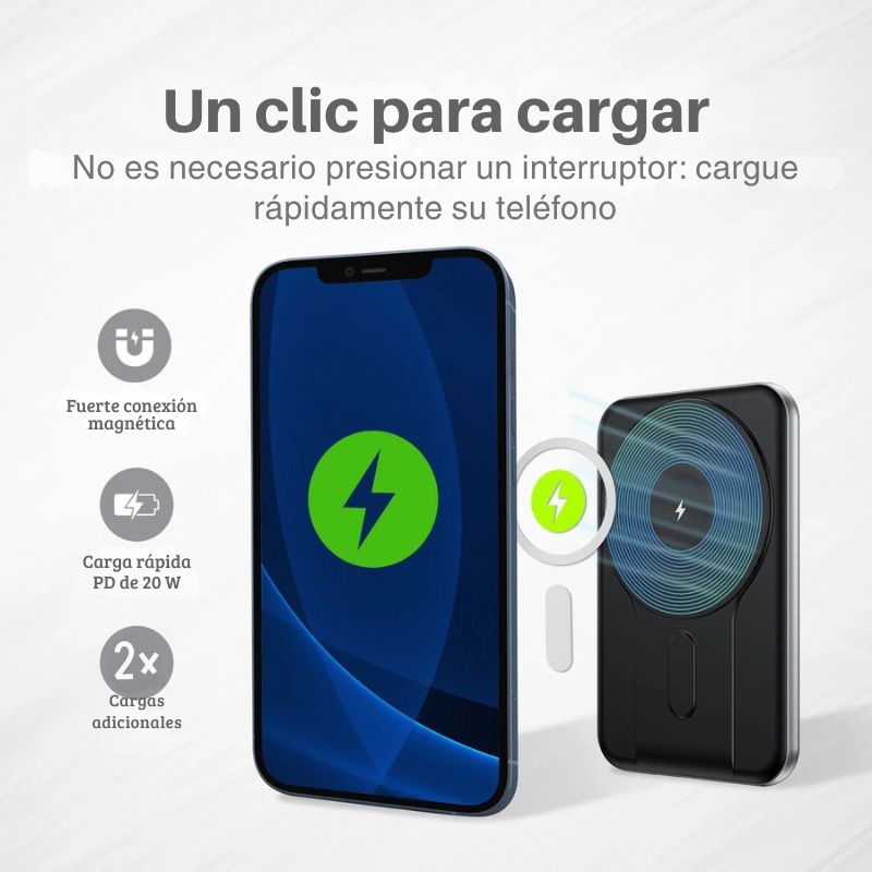 Cargador portátil de gran capacidad para smartphones y tablets.
