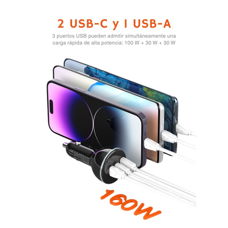 Cargador de carro LDNIO C102 con 3 puertos USB y 160W de potencia.