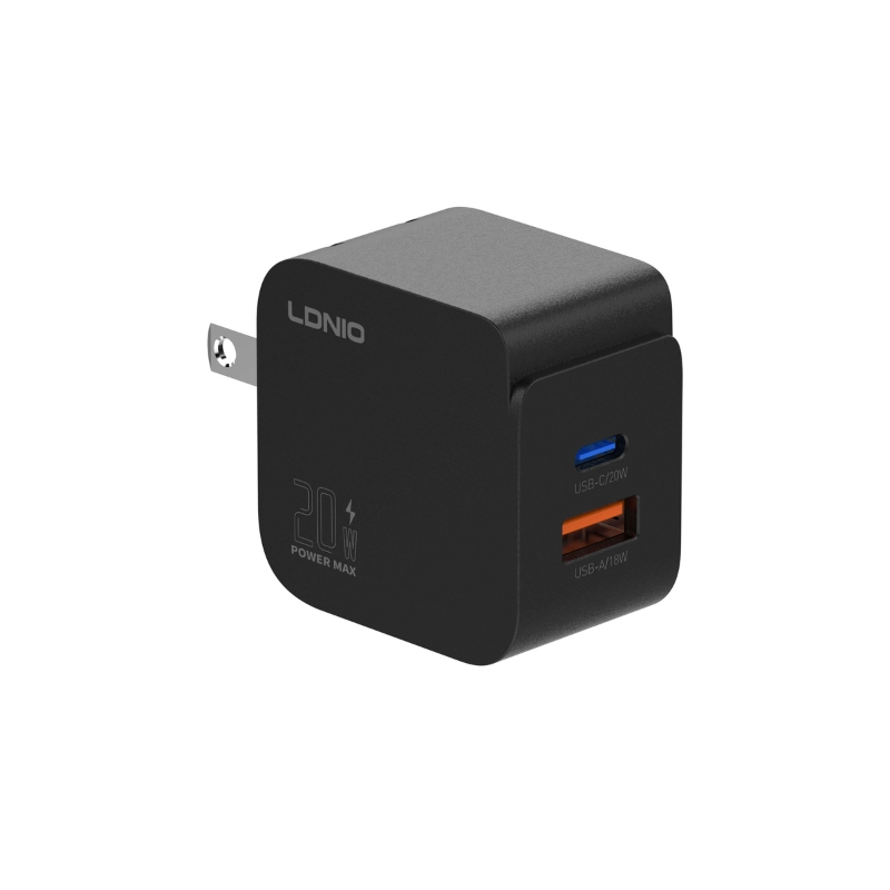 Cargador LDNIO Q1 PD 20W con doble puerto USB-C y USB-A.