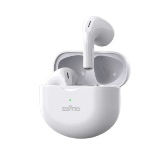 Auriculares TWS EW-A402BW EWTTO en estuche de carga metálico, diseño elegante con auriculares compactos.