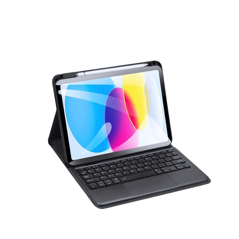 Funda DUX DUCIS TK Series para iPad 10ª generación 10.9 con teclado Bluetooth desmontable, panel táctil integrado y diseño tipo cuero color negro.