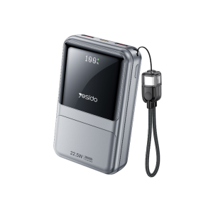 Power bank YESIDO YP95 de 10000mAh con carga rápida 22.5W, pantalla LED digital y cable USB-C integrado para carga portátil diaria.