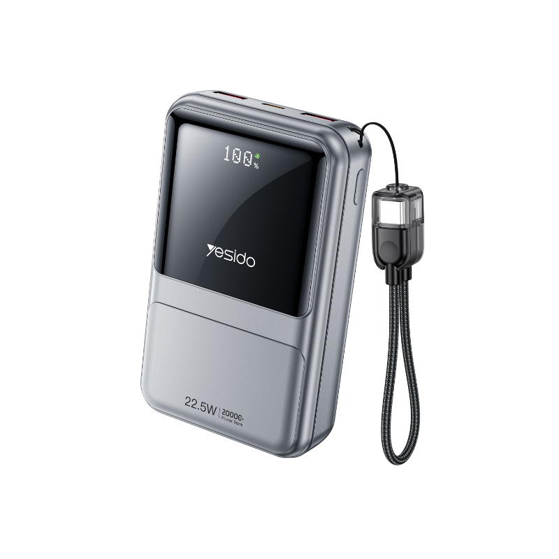 Power bank YESIDO YP95 de 10000mAh con carga rápida 22.5W, pantalla LED digital y cable USB-C integrado para carga portátil diaria.