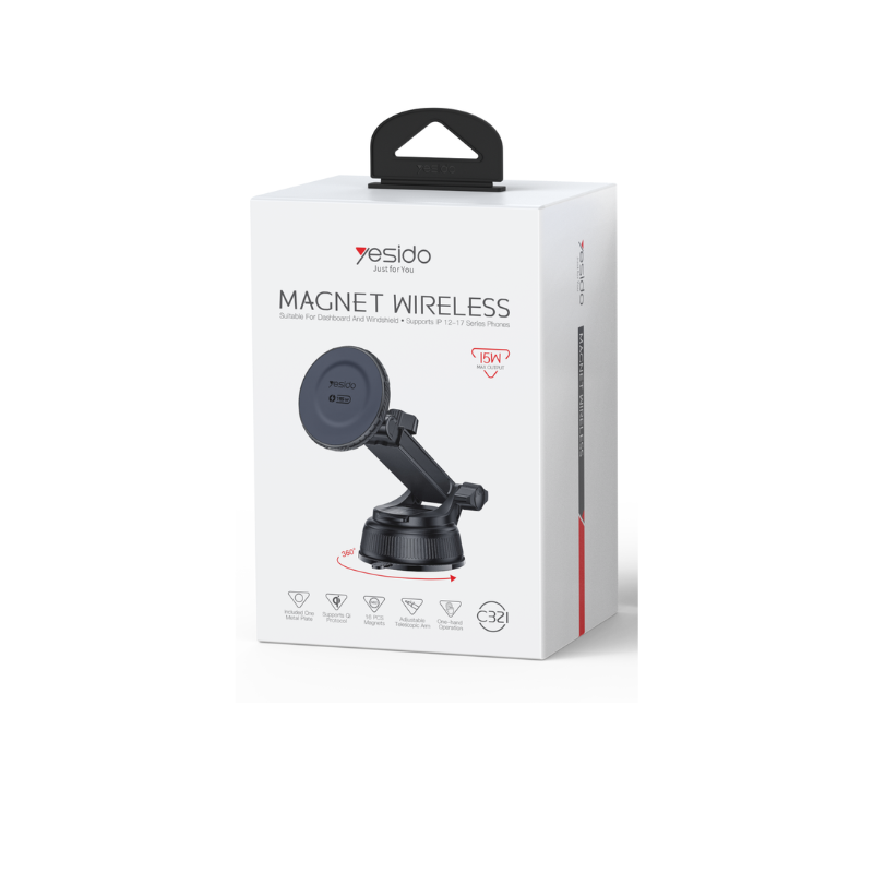 Soporte magnético YESIDO para automóvil con tecnología MagSafe y carga inalámbrica rápida de 15W para smartphones compatibles.