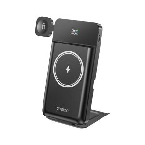 Power Bank YESIDO YP69 de 10000mAh color negro con carga inalámbrica magnética de 15W, pantalla LED digital, puertos USB y Type-C de carga rápida, soporte plegable integrado y diseño portátil premium.