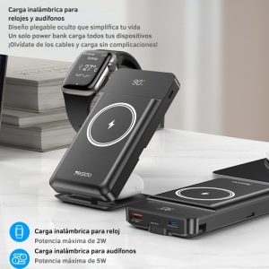Power Bank YESIDO YP69 de 10000mAh color negro con carga inalámbrica magnética de 15W, pantalla LED digital, puertos USB y Type-C de carga rápida, soporte plegable integrado y diseño portátil premium.