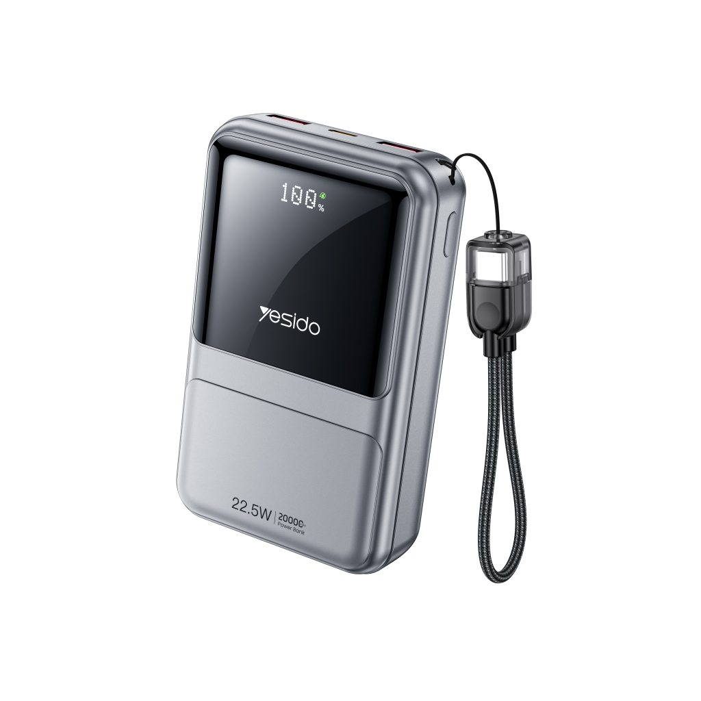 Power Bank YESIDO YP96 de 20000mAh color gris oscuro con pantalla LED digital, cable Type-C integrado, carga rápida de 22.5W y múltiples puertos USB para carga simultánea de dispositivos móviles.