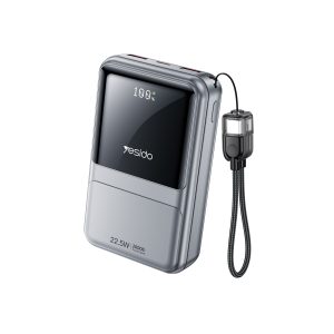 Power Bank YESIDO YP96 de 20000mAh color gris oscuro con pantalla LED digital, cable Type-C integrado, carga rápida de 22.5W y múltiples puertos USB para carga simultánea de dispositivos móviles.