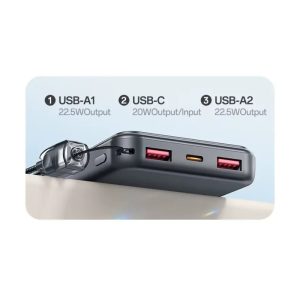Power Bank YESIDO YP96 de 20000mAh color gris oscuro con pantalla LED digital, cable Type-C integrado, carga rápida de 22.5W y múltiples puertos USB para carga simultánea de dispositivos móviles.