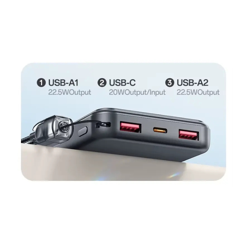 Power Bank YESIDO YP96 de 20000mAh color gris oscuro con pantalla LED digital, cable Type-C integrado, carga rápida de 22.5W y múltiples puertos USB para carga simultánea de dispositivos móviles.