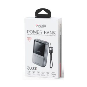 Power Bank YESIDO YP96 de 20000mAh color gris oscuro con pantalla LED digital, cable Type-C integrado, carga rápida de 22.5W y múltiples puertos USB para carga simultánea de dispositivos móviles.