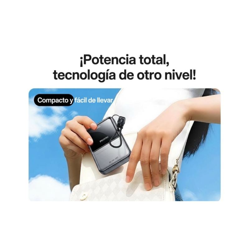 Power Bank YESIDO YP96 de 20000mAh color gris oscuro con pantalla LED digital, cable Type-C integrado, carga r&aacute;pida de 22.5W y m&uacute;ltiples puertos USB para carga simult&aacute;nea de dispositivos m&oacute;viles.