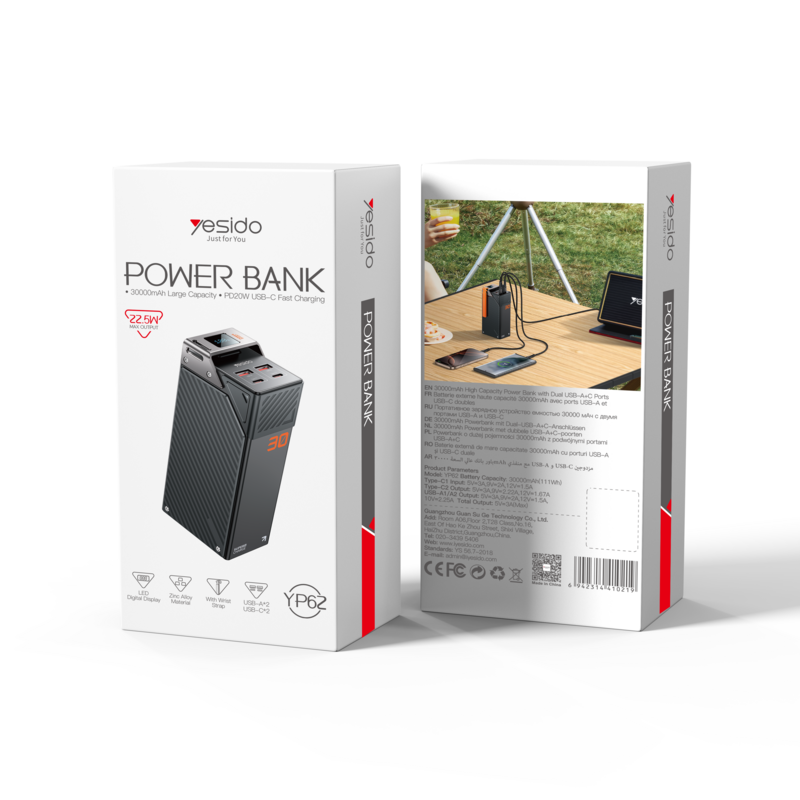 Power Bank portátil Yesido YP62 30,000mAh – detalle del producto