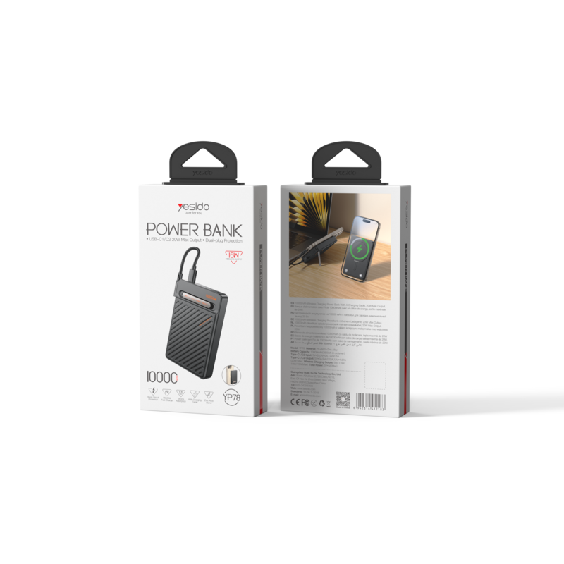 Power Bank magnético Yesido YP78 10000mAh con carga inalámbrica 15W y carga rápida PD 20W – detalle del producto