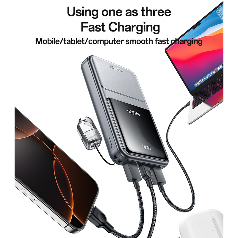 Power Bank Yesido YP96 20000mAh carga rápida 22.5W con pantalla LED y cable USB-C integrado – características destacadas