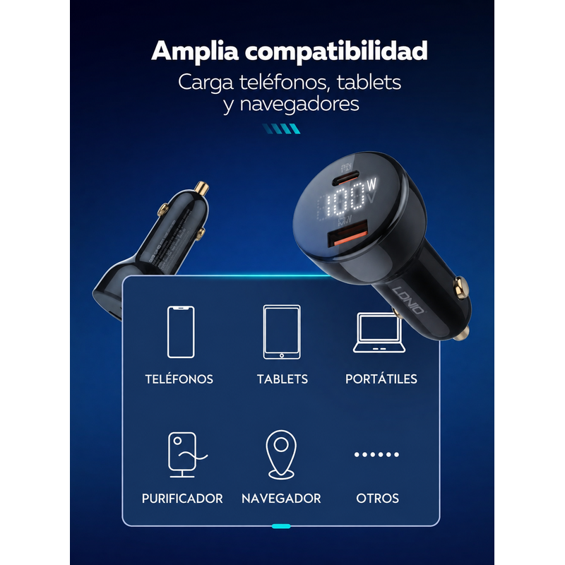 Cargador de carro LDNIO C101C USB-C PD 100W con pantalla LED – características destacadas