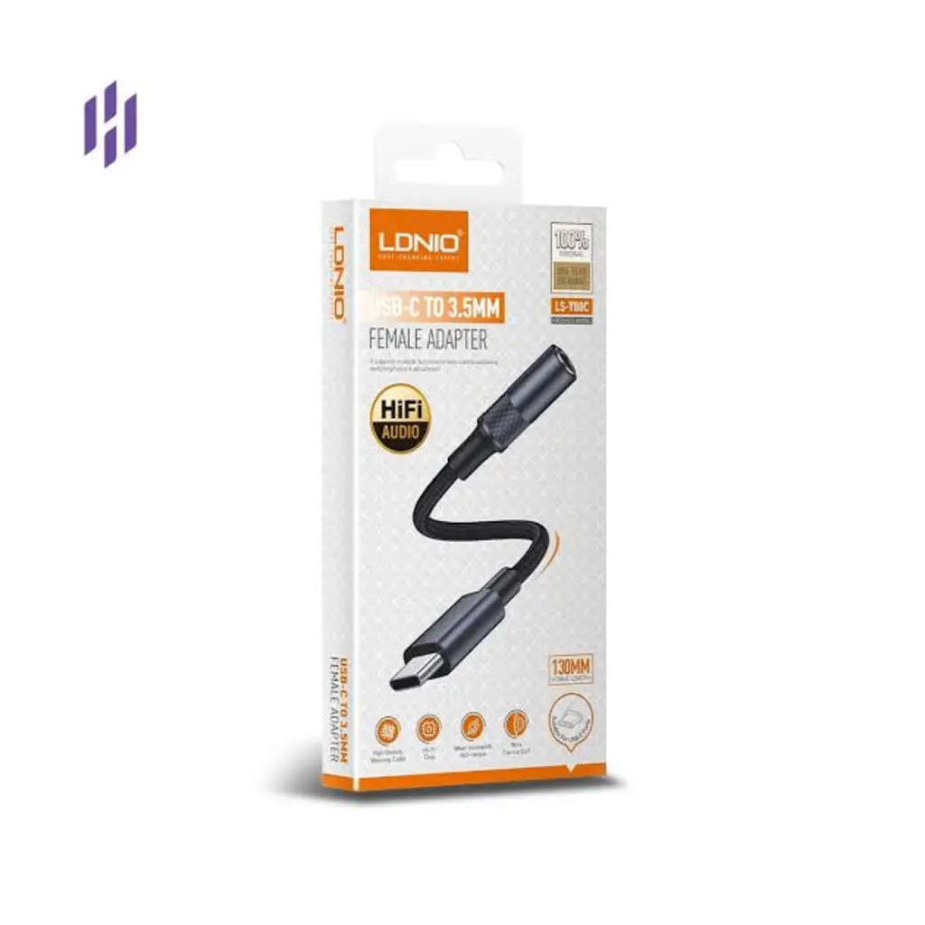 Empaque del adaptador LDNIO LS-Y80C USB-C a audio 3.5 mm.