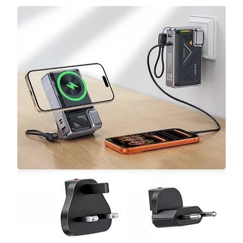 Funciones del Power Bank Yesido MH103S con enchufe, soporte y carga de dispositivos