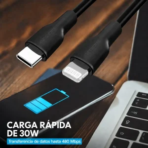 Cable ArgomTech USB-C a Lightning con carga rápida de 30W y transferencia de datos de hasta 480 Mbps.