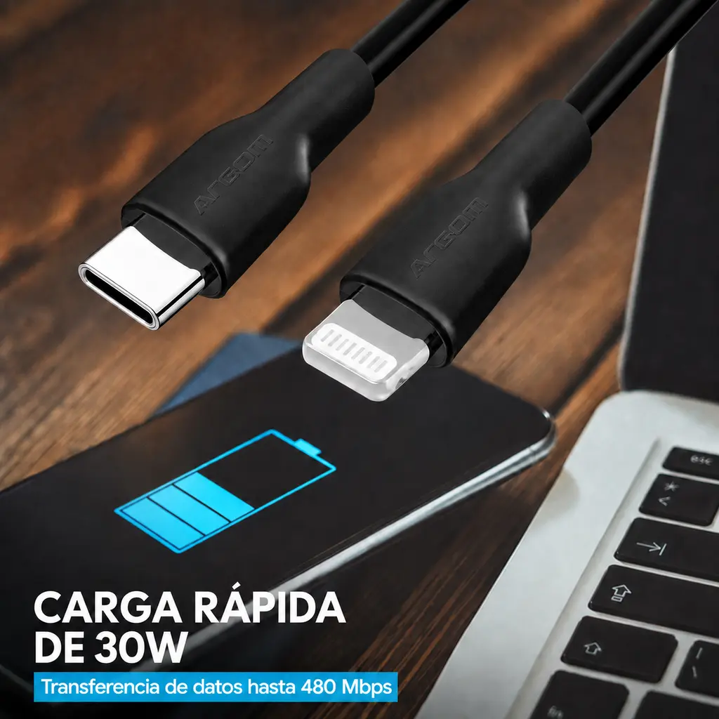 Cable ArgomTech USB-C a Lightning con carga r&aacute;pida de 30W y transferencia de datos de hasta 480 Mbps.