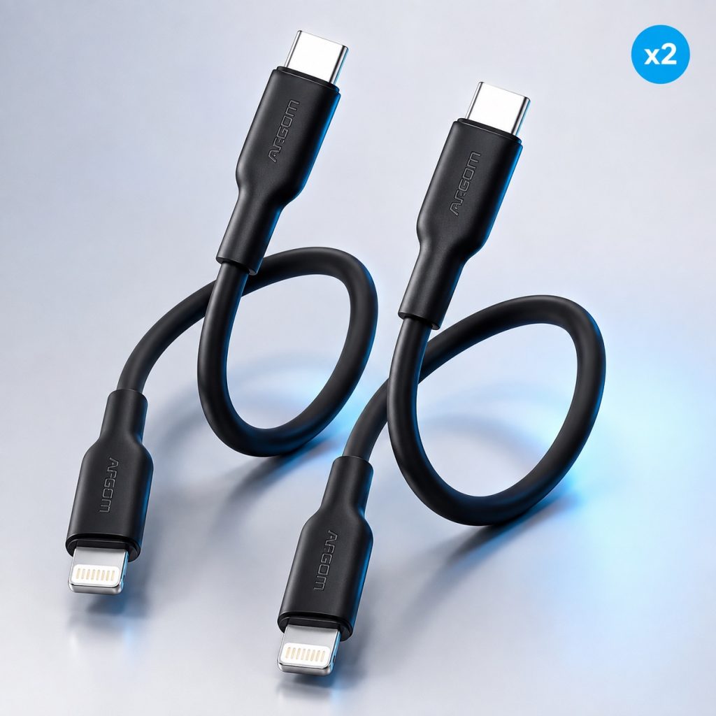 Combo de dos cables ArgomTech Dura Flex USB-C a Lightning con diseño de portada profesional.