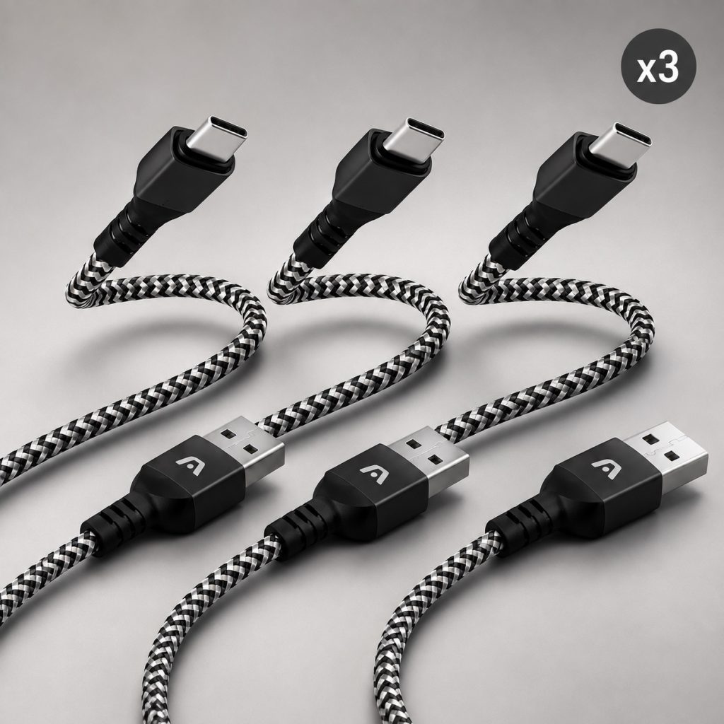 Combo de tres cables ArgomTech Dura Form USB-A a USB-C con diseño de portada profesional.