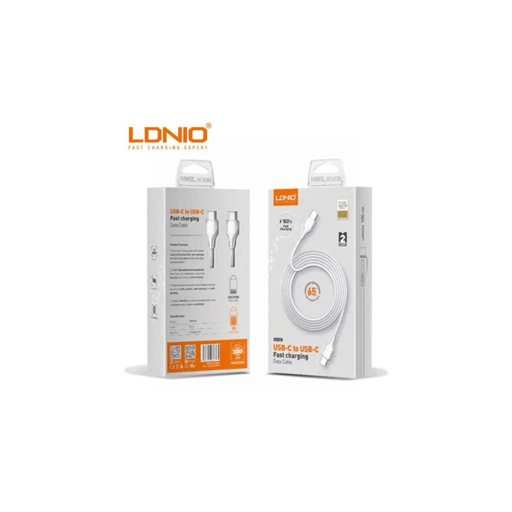 Empaque del cable LDNIO LC121C USB-C a USB-C de 1 metro y 65W.