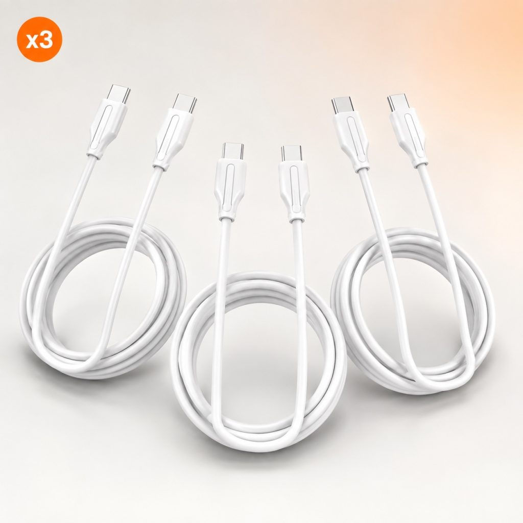 Combo de tres cables LDNIO LC121C USB-C a USB-C con diseño de portada profesional.