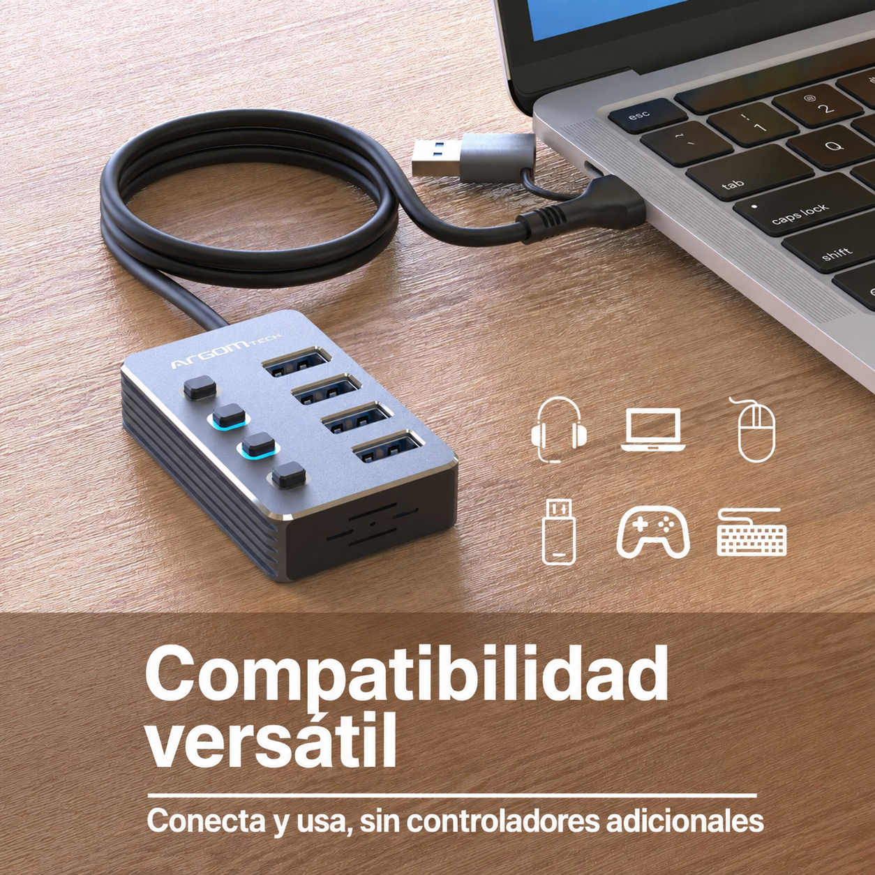 Hub ArgomTech One Axess de 4 puertos con interruptores: Compatibilidad vers&aacute;til