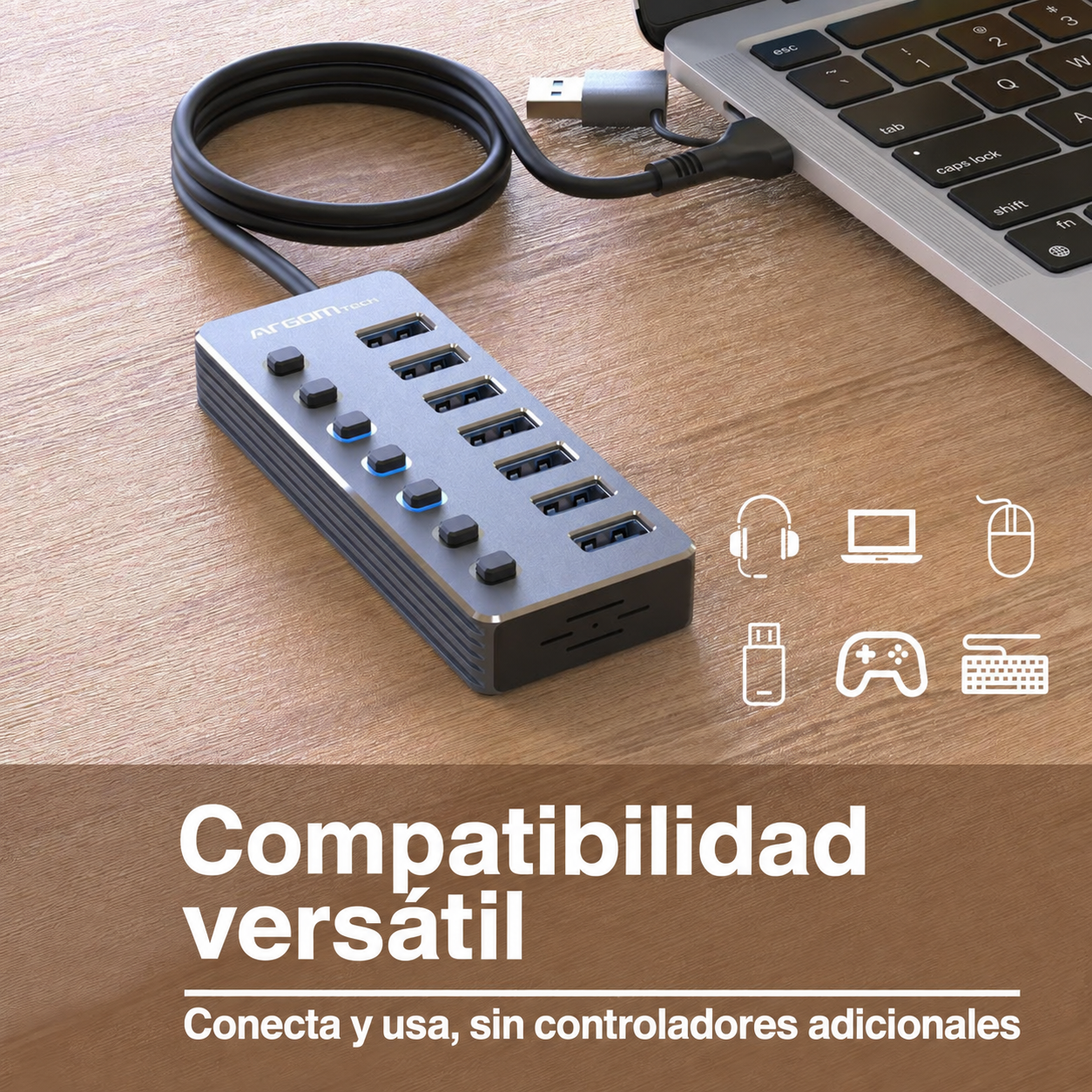 Hub ArgomTech One Axess de 7 puertos con interruptores: Compatibilidad vers&aacute;til