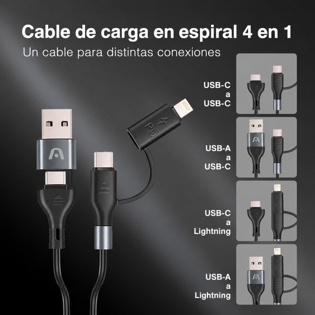 Cable ArgomTech Dura Coil 4 en 1 de 1,5 m: Cable de carga en espiral 4 en 1