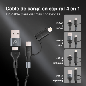 Cable ArgomTech Dura Coil 4 en 1 de 1,5 m: Cable de carga en espiral 4 en 1