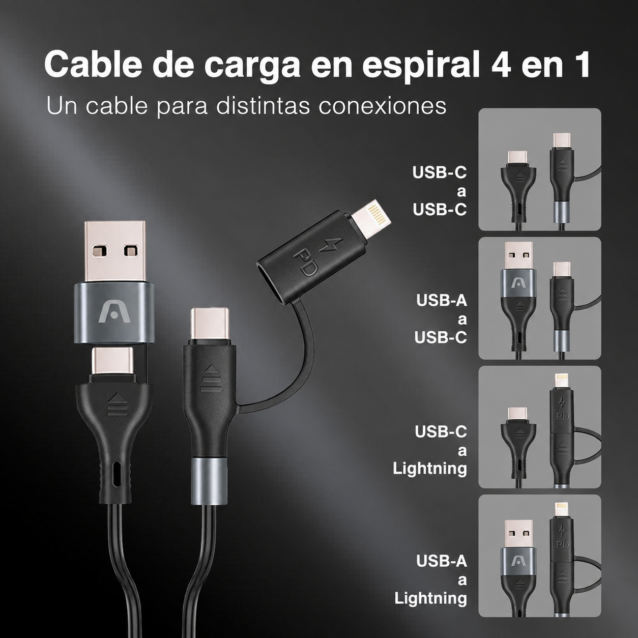 Cable ArgomTech Dura Coil 4 en 1 de 1,5 m: Cable de carga en espiral 4 en 1