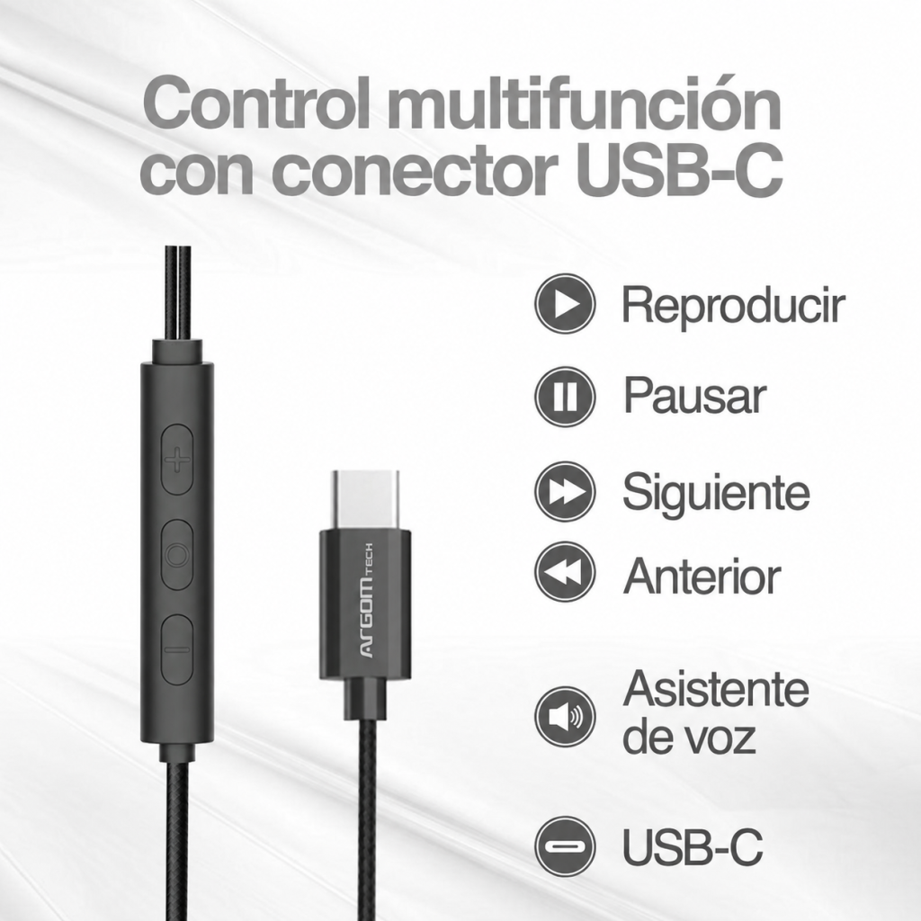 Audífonos ArgomTech Core USB-C color café: Control multifunción con conector USB-C