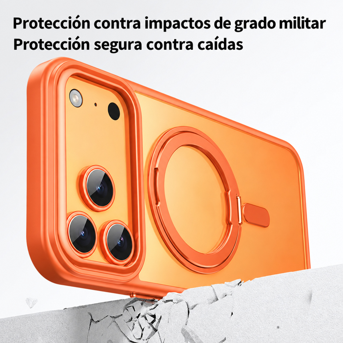 Detalle del estuche OTTOS MagSafe anaranjado con soporte
