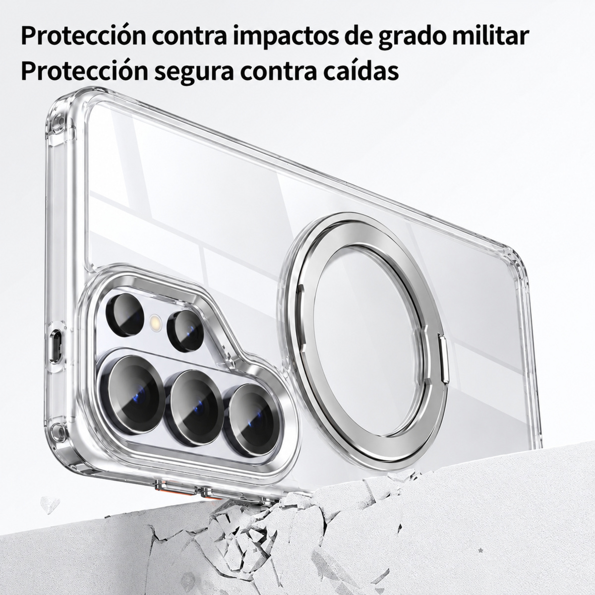 Detalle del estuche transparente con soporte plateado para Samsung Galaxy S26 Ultra
