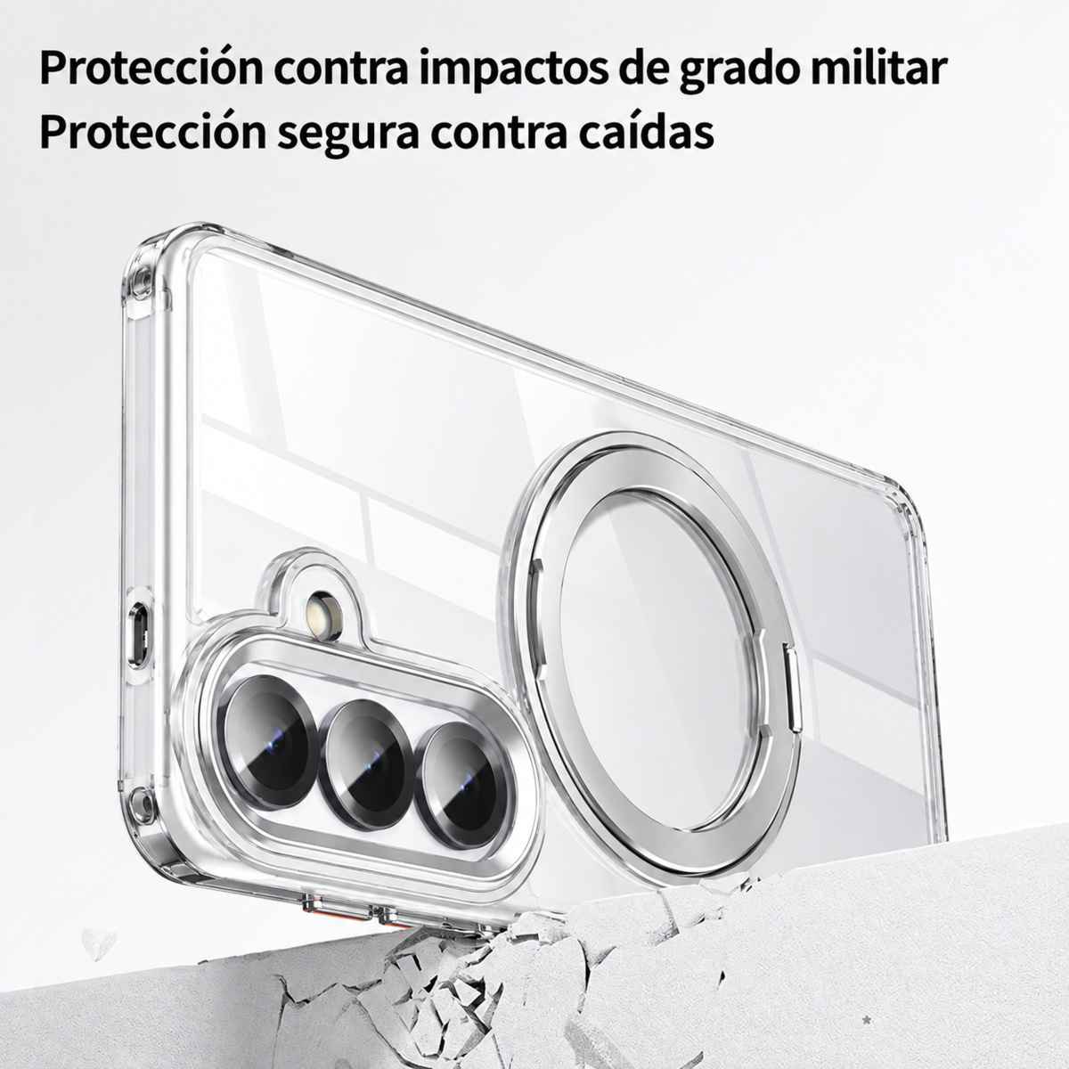 Detalle del estuche transparente con soporte plateado para Samsung Galaxy S26