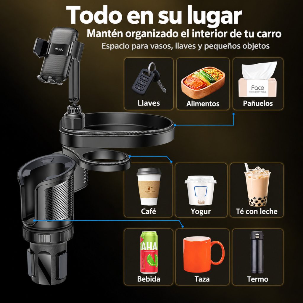 Compartimentos del organizador Yesido C274 para bebidas y pequeños objetos