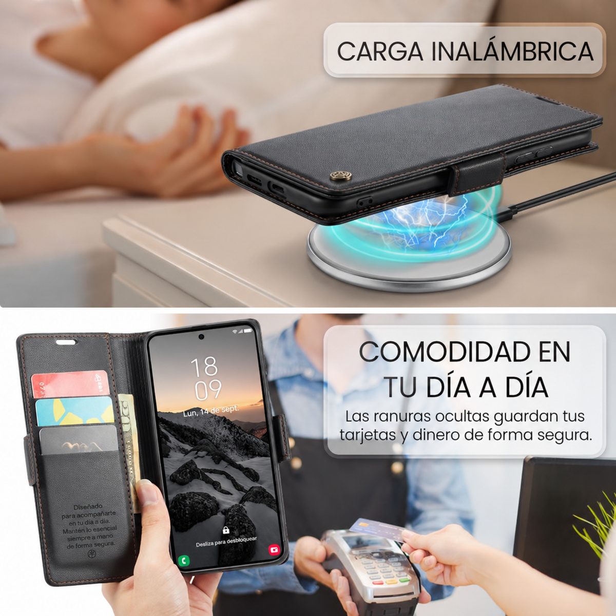 Estuche CaseMe negro para Samsung Galaxy S26 Ultra: interior y carga inal&aacute;mbrica