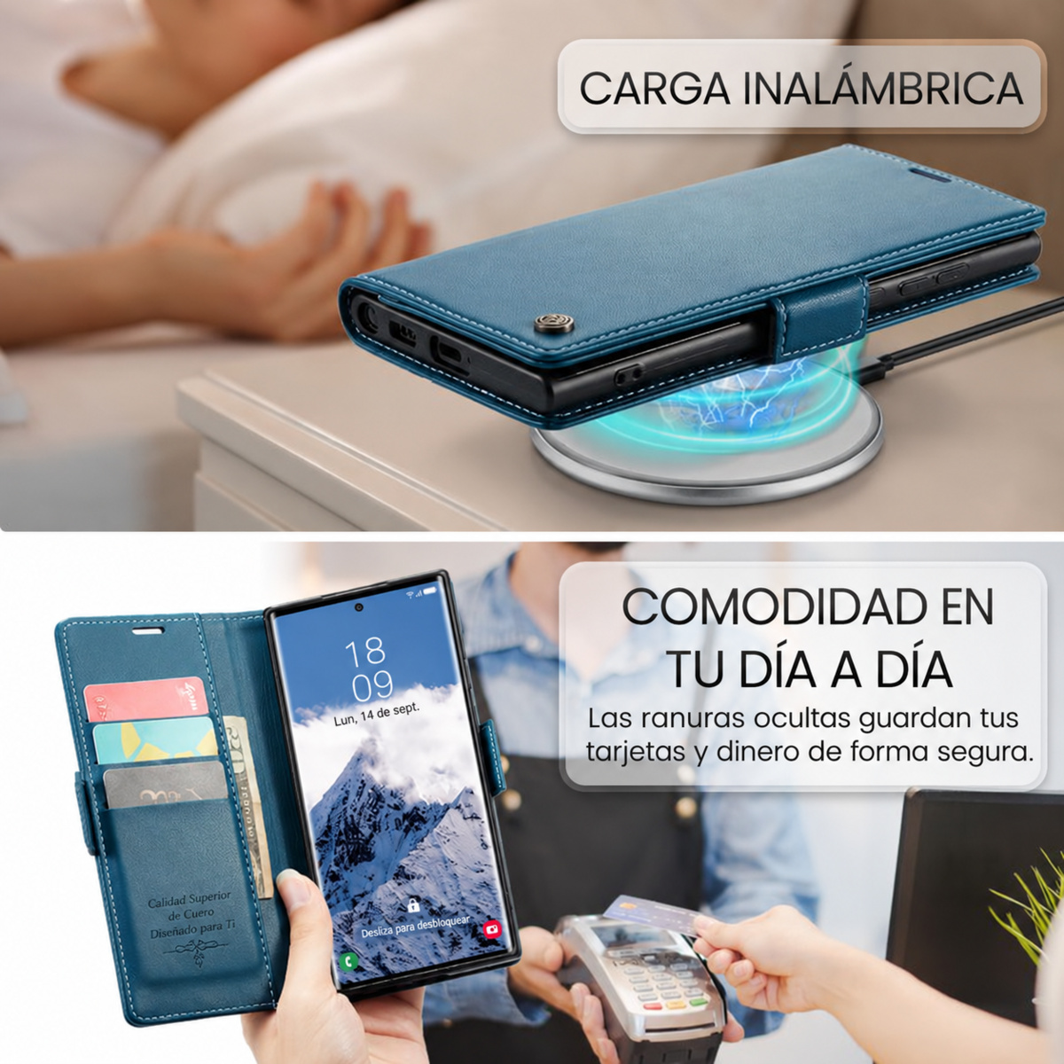 Estuche CaseMe azul para Samsung Galaxy S26 Ultra: interior y carga inal&aacute;mbrica