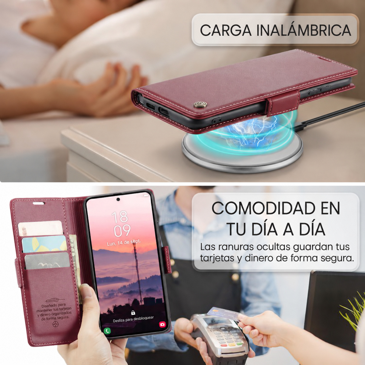 Estuche CaseMe corinto para Samsung Galaxy S26 Ultra: interior y carga inal&aacute;mbrica