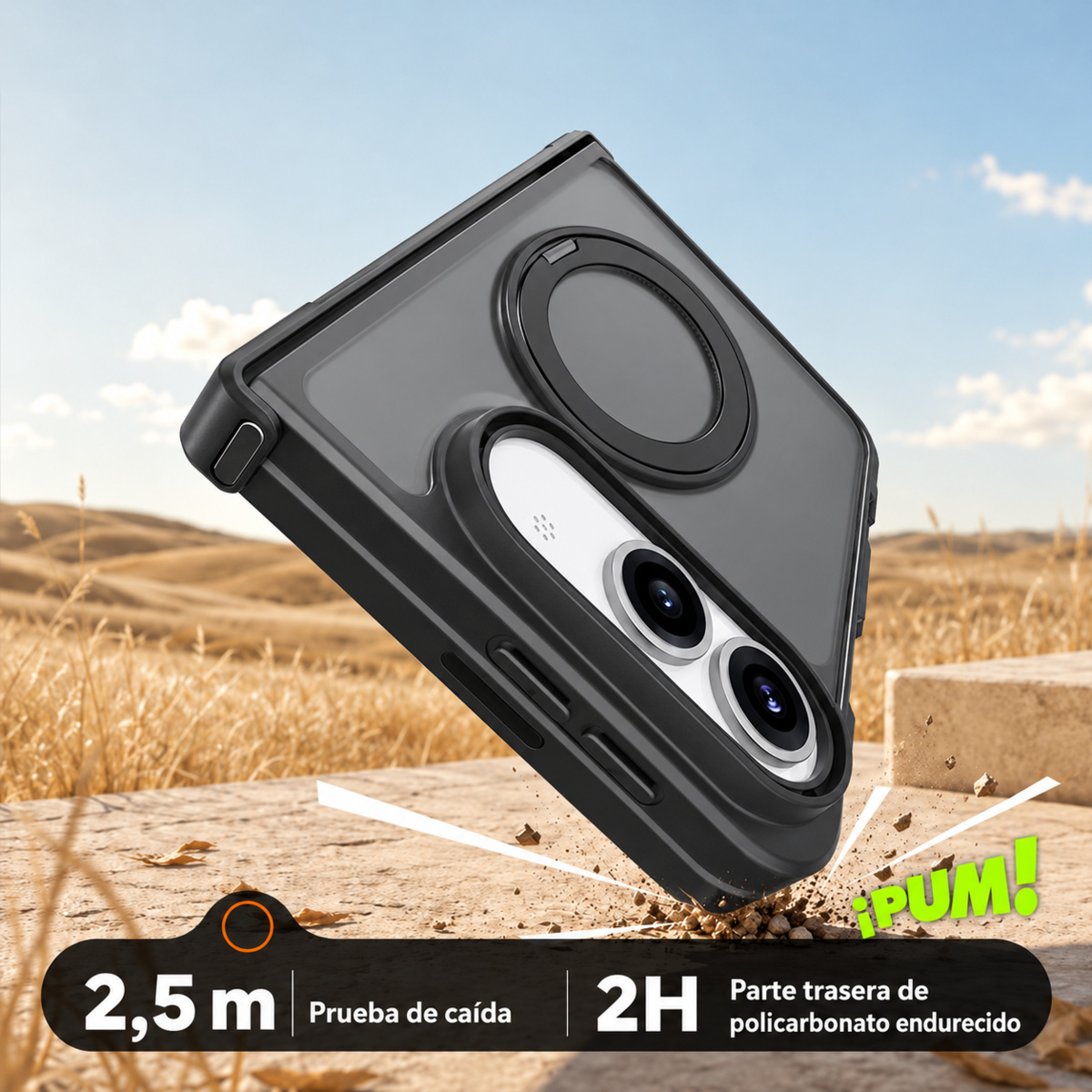 Estuche OTTOS MagSafe ahumado para iPhone Duo con aro de soporte desplegado