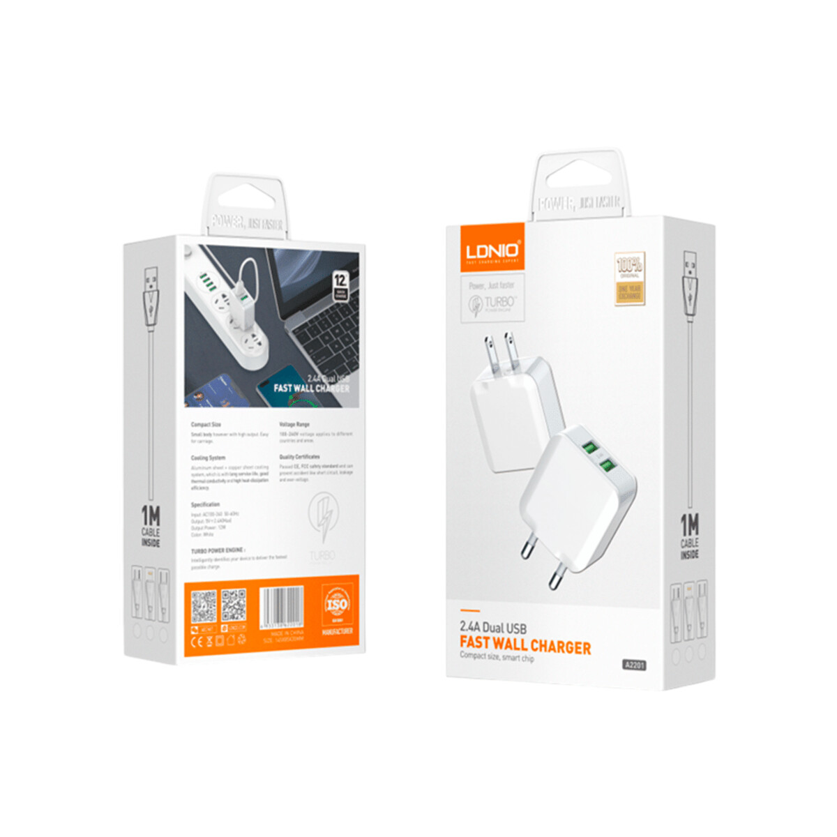 Empaque de Cargador LDNIO A2201 de 2.4 A con dos USB y cable USB-C