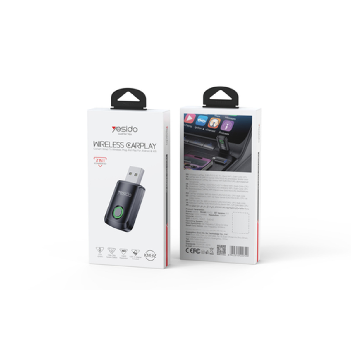 Empaque de Adaptador inal&aacute;mbrico CarPlay y Android Auto Yesido KM32